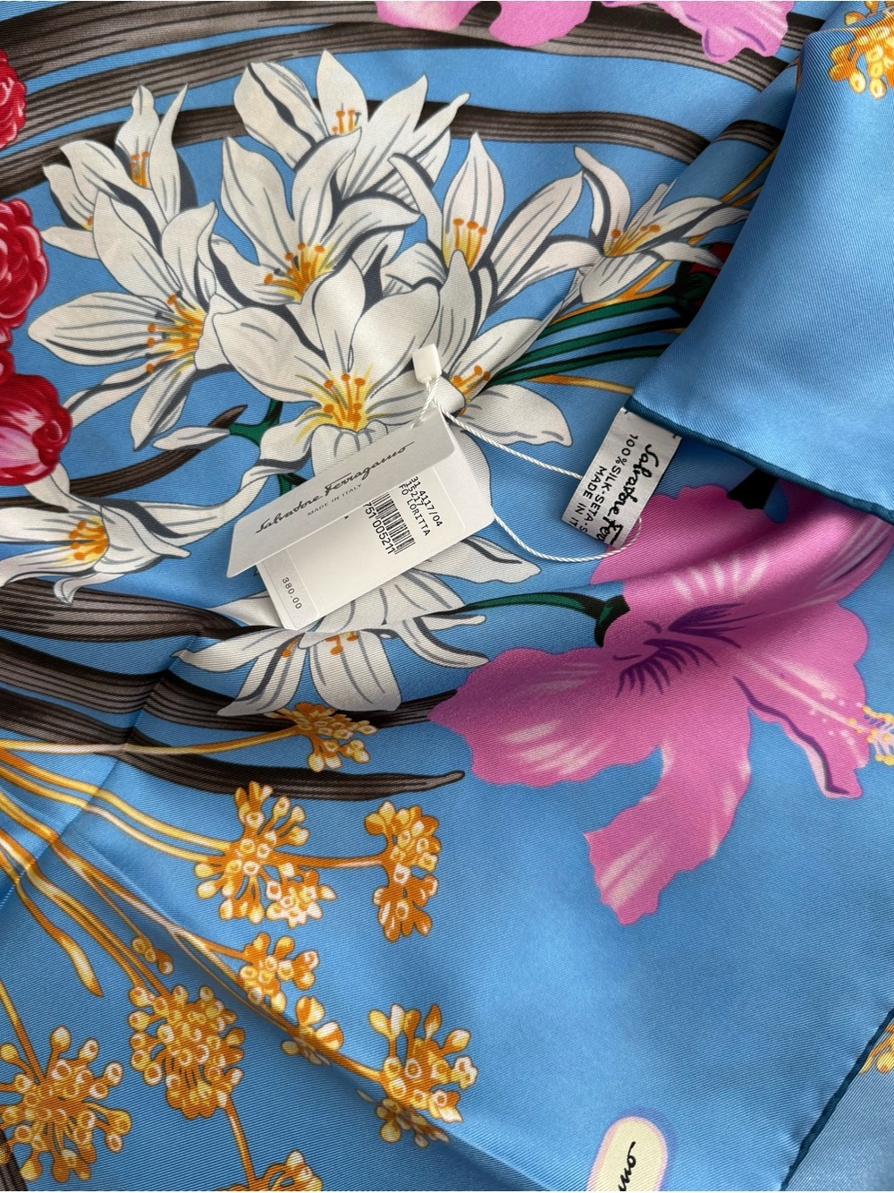Display # 1 Salvatore Ferragamo Blue Floral Silk Scarf with Pink & White Blooms - Picture 2 of 3